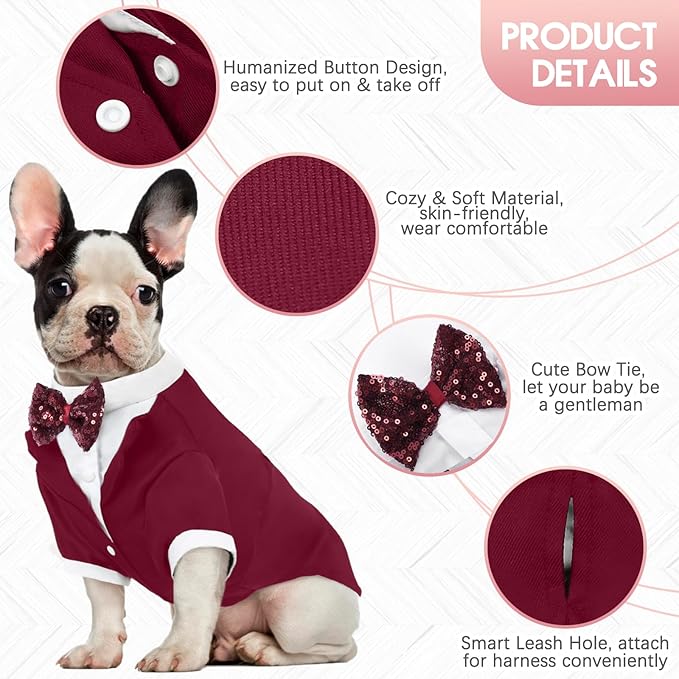 Kuoser Dog Tuxedo, Formal Dog Costume with Bow Tie Pet Wedding Suit Party Birthday Outfit, Dogs Tux Soft Shirt for Valentines Christmas Halloween Graduation Cosplay, Burgundy 3XL