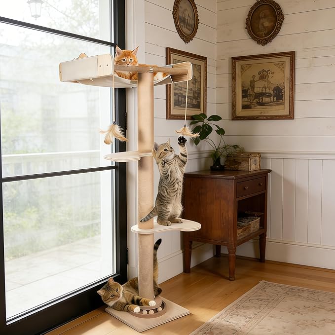 Cat Window Hammock 48" Adjustable Scratching Posts, Multi-Level Window Mounted Cat Tree with Natural Sisal and Track Toys for Large Cats, Climbing, Sunbathing & Bird Watching (Drill-Free)