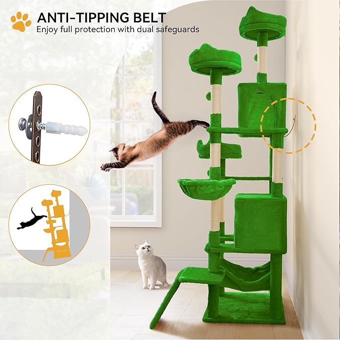 YITAHOME 190 cm Tall Heavy Duty Cat Trees for Large Cats, Sturdy 75inch Maine Coon Cat Tower for Indoor Cats Large Adult with Scratching Post, Hammock, Cat Condo for Adult Cats Kittens, Green