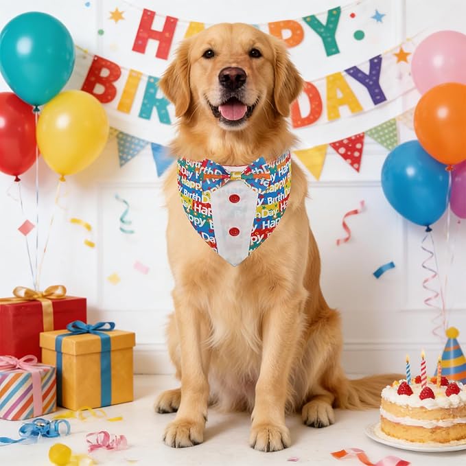 Dog Birthday Tuxedo Bandana Collar with Bow Tie, Adjustable Happy Birthday Print Pet Outfit Costume for Dogs, XS to XL (XS-XL)