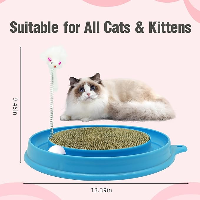 3in1 Cat Scratcher,Round 3 in 1 Interactive Kitten Toys, Scratching Pad with Ball Track and Squeaky Mouse, for Bored Indoor Adult Cats Kitty Scratching Puzzle-Blue