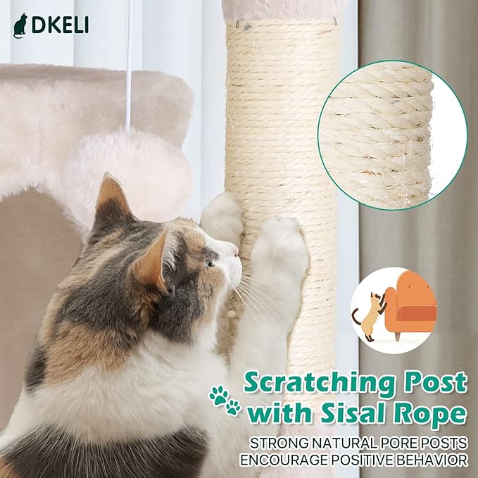 Dkeli Cat Tree for Indoor Cats Condo Tower with Scratching Post Tease Ball Perches Platform Small and Medium 54 Inch Multi-Level, Beige