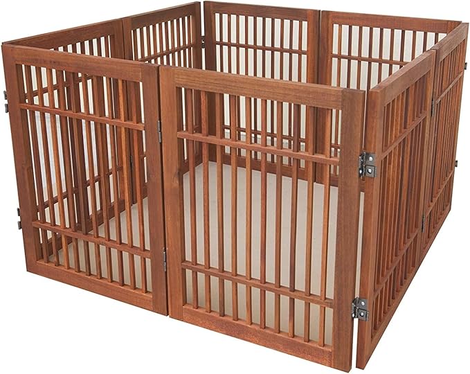 Urnporium Pet Dog Gate Freestanding, Strong Durable Folding Wooden Fence, Portable Acacia Hardwood Safety Barrier for Indoor & Outdoor Use (Brown Pet Gate, 8 Panel 24" Tall)