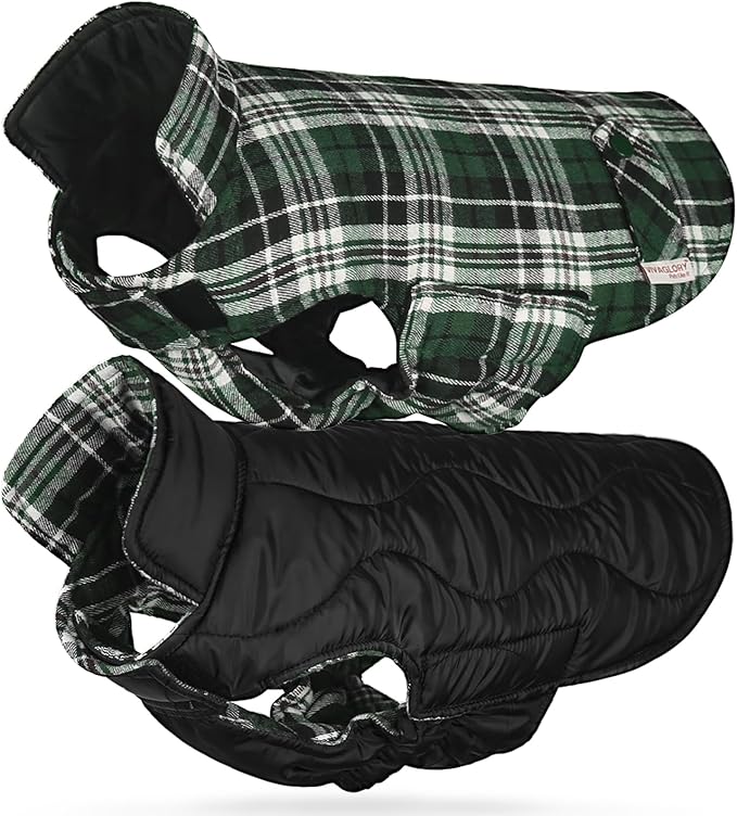 VIVAGLORY Softjoy Dog Coat, Dog Jacket for Winter & Christmas, Coat with Harness Hole, Reversible Plaid Checkered Warm Fluffy Heavy Duty for Puppy, XL, Green