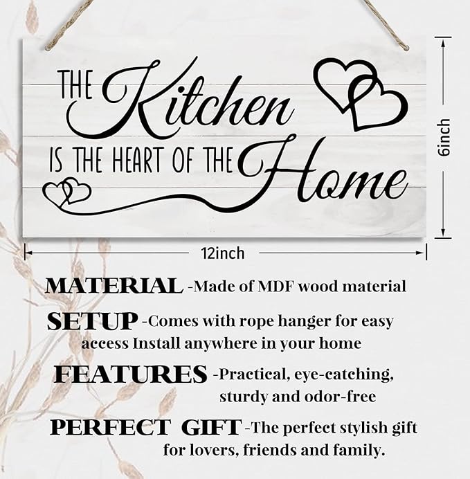 Kitchen Wood Decor Sign, The Kitchen Is the Heart of the Home, Hanging Printed Wooden Plaque Décor, Rustic Farmhouse Home Wall Decor for Kitchen, Dining Room Decoration 12x 6inch