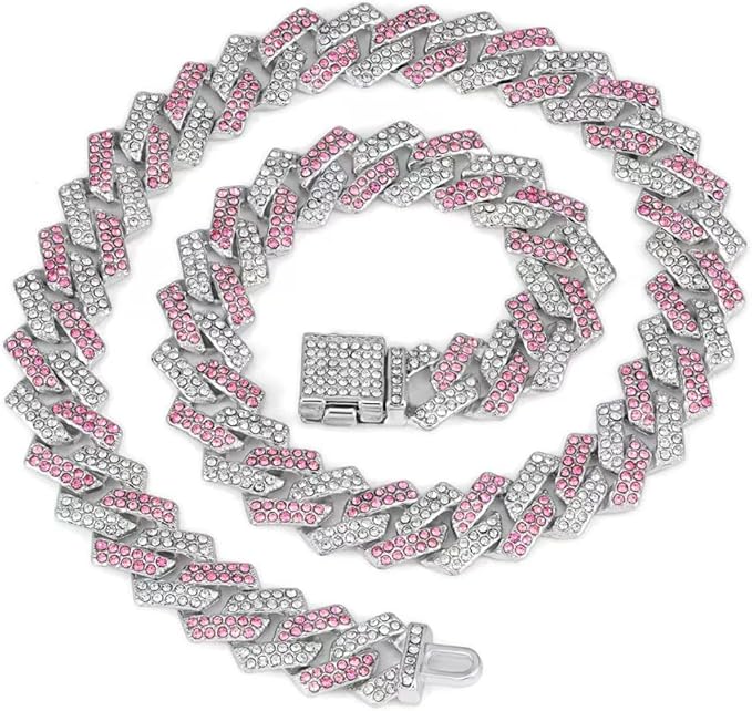 Pink Dog Chain Collar Rhinestone Bling Glitter Metal Cat Necklaces Diamond Cuban Link Puppy Collar, Pet Jewelry for XXS XS Small Medium Large Dogs Cats(Pink 8inch)