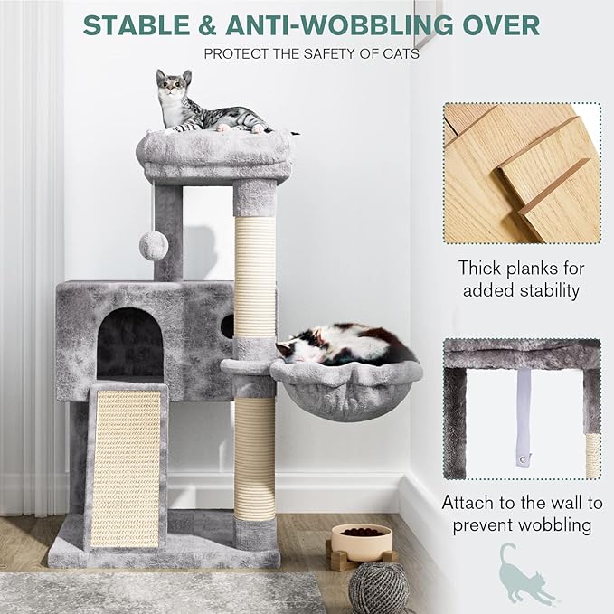 IMUsee Cat Tree for Indoor Cats, Multi-Level Cat House Condo with Large Perch, Scratching Posts, Hammock, Cat Climbing Stand with Toy for Small Cats Kittens Play Rest, 36" Tall, Grey