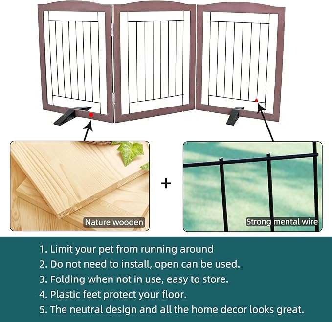 Dog Fence Indoor,Dog Gate Indoor for Doorway pet gate -3-Panel Freestanding, Hallways, House or Stairs -60x24-Inch Retractable Foldable Expandable Wood Pet by SFJC (Brown) ﻿