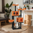 Halloween Cat Tree, 5-Level Cat Tower with 2 Condos & 2 Hammocks, Black & Orange Cat Furniture with Sisal Scratching Posts, Spooky Themed Pet Playground for Indoor Cats (60 in Halloween)