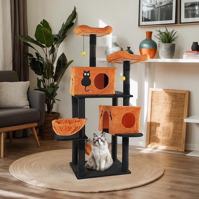 61" Halloween Cat Tree, Large Cat Tower with 2 Spacious Cat Condos, 2 Padded Perches, 2 Hammocks, Scratching Posts, Hanging Toy, Multi-Level Cat Activities Furniture for Large Cats, Orange & Black