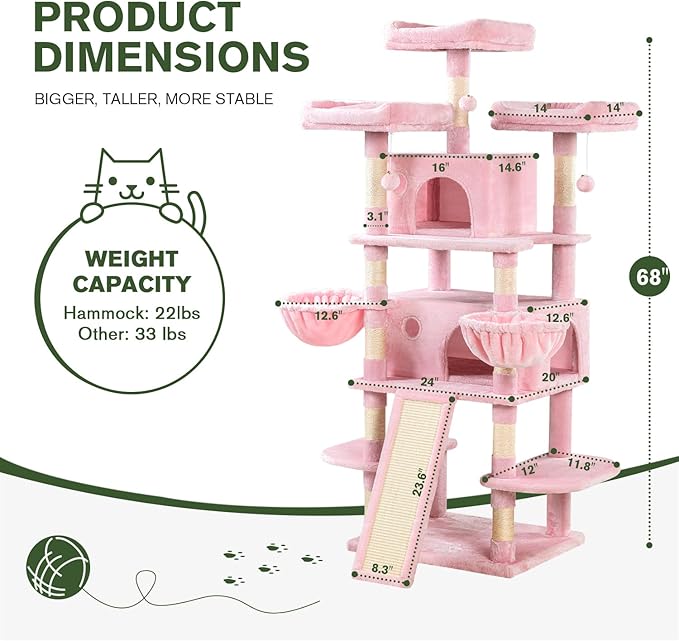MUTICOR 68 Inches Multi-Level Large Cat Tree Tower with Condo/Cozy Plush Perches/Sisal Scratching Posts and Hammocks/‌Feline Activity Center Play House/Wide Base/Pink