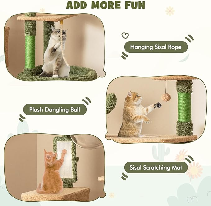 Tangkula Cactus Cat Tree, 59 Inch Tall Cat Tower with Sisal Scratching Posts, Cat Condo, Perch, Space Capsule, Large Bed, Self Groomer, Rope, Ball, Green Cute Cat Tree Tower for Indoor Cats