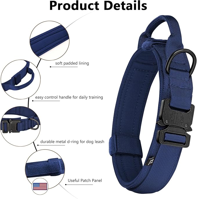 DAGANXI Tactical Dog Collar, Adjustable Military Training Nylon Dog Collar with Control Handle and Heavy Metal Buckle for Medium and Large Dogs, with Patches and Airtags Case (Midnight Blue, XL)