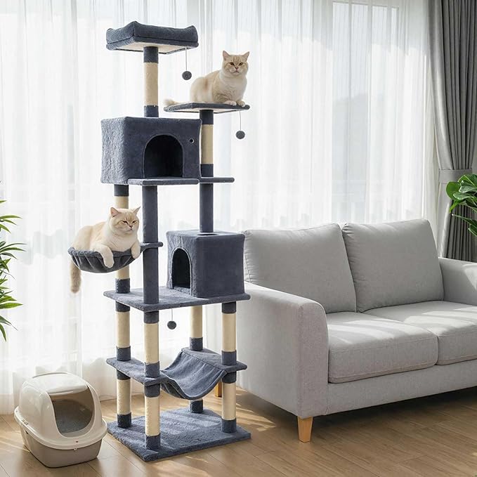 Tangkula 80 Inch Tall Cat Tree, Multi-Level Cat Tower with Sisal Scratching Posts, 2 Condos, Plush Perch, Hammock, Basket, Dangling Toys, Cat Climbing Furniture for Indoor Cats (Dark Gray)