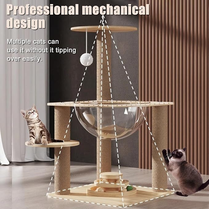 24.7in Large Cat Tree for Indoor Cats, Cat Tower with Sisal Scratching Posts, Cat Activity Center with Cat House, Interactive Teaser Balls, Sturdy Wood Cat Climbing Tower for Kittens&Adult Cats, Beige