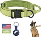 DAGANXI Tactical Dog Collar, Adjustable Military Training Nylon Dog Collar with Control Handle and Heavy Metal Buckle for Medium and Large Dogs, with Patches and Airtags Case (L, Spring Grass)