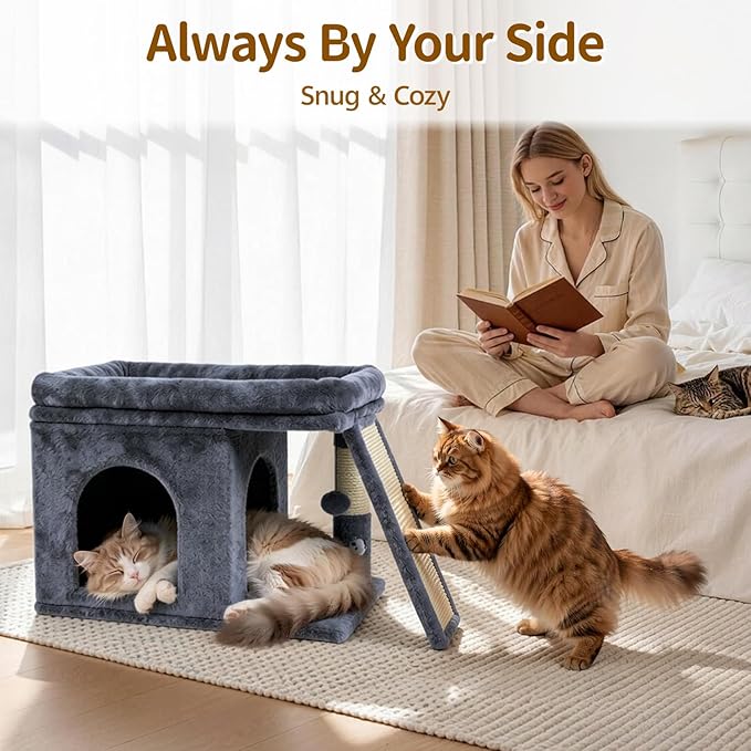 Cat Tree Tower Bed with Scratching Post for Indoor, Heavy Duty Small Stand House Condo for Large Cats & Kittens, Platform Perch Hideout Climb Rest Area, Modern Sturdy Furniture, Dark Gray