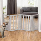 ZJSF Freestanding Indoor Dog Gate for House Foldable Wood Grey Puppy Gate for Doorways Pet Gate for Stairs Extra Wide Pet Fence 32" Height 4 Panels