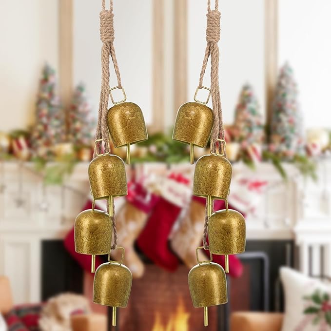 2 Pack Gold Metal Vintage Bells with Jute Hanging Rope, Decorative Cow Bell for Weddings, Parties, and Christmas Wreaths, Each 1.7W x 2.8H
