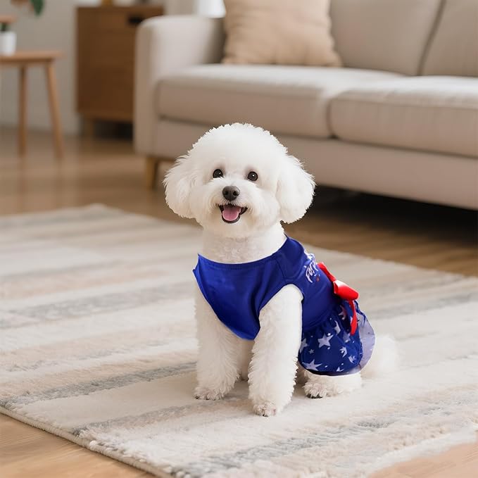 4th of July Dog Outfit Pet Puppy Printed Dresses with Sparkly Stars Summer Princess Skirt for Independence Day Party Small Medium Dog Outfit