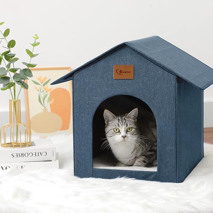 Outdoor Cat House Feral Cat Shelter,Outside Waterproof Cat House for Outdoor/Indoor Cats, Insulated Cat Bed for All Seasons with Cozy Cushion Easy to Assemble, Navy Blue
