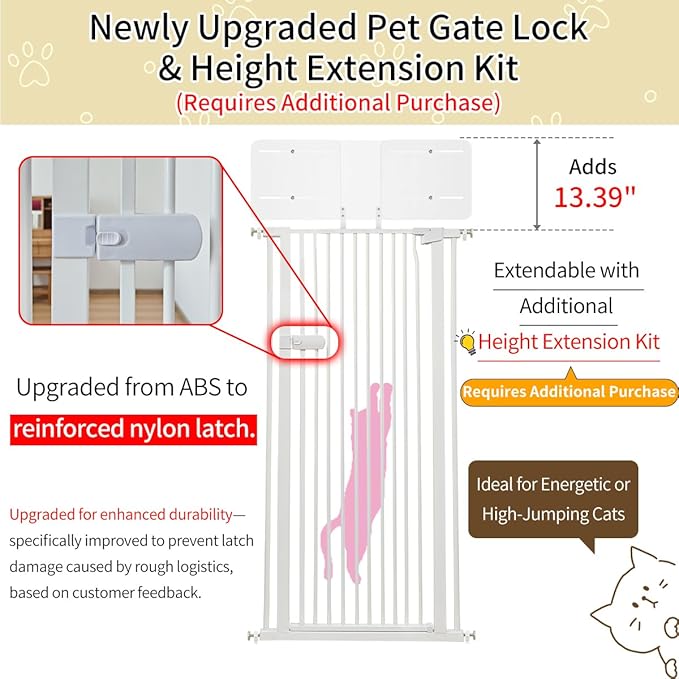 Lumizone Extra Tall Cat Gate 55.12" High Pressure Mounted Extra Wide 2025 New (17 Sizes) 1.37" Gap No Drilling Auto-Close One-Handed Operation Tall Pet Gate for Dogs(White, 55.12" H x 38.39"-42.51" W)