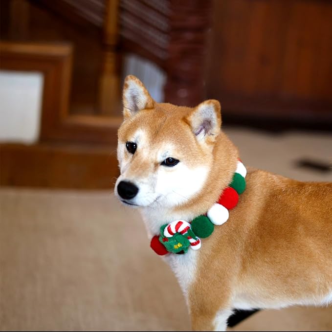 Elegant little tail Dog Christmas Costume 1PC Red Christmas Collar Soft Funny Pet Collars Headgear Adjustable Pom-Pom Headdress Cute Collar for Medium Dog Pet Party Accessories Costume