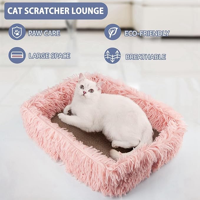 Fluffy Cat Scratcher Bed Box with Removable Cardboard, Corrugated Board Rectangular Cat Scratching Lounge, Pet Scratch Pad for Furniture Protection (Pink)