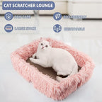 Fluffy Cat Scratcher Bed Box with Removable Cardboard, Corrugated Board Rectangular Cat Scratching Lounge, Pet Scratch Pad for Furniture Protection (Pink)