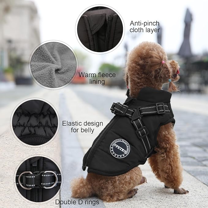 Dog Winter Coat, Warm Dog Jacket Paded Polyester Dog Vest with Built in Harness, Waterproof Windproof Reflective Cozy Adjustable Snow Pet Coat Clothes with Zipper for Small Medium Dogs