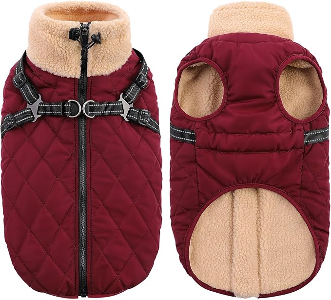 Queenmore Dog Jacket, Dog Coats for Large Dogs, Large Pet Coat with Harness Built in, Thick Fleece Snow Jacket for Extra Large Breeds, Waterproof Windproof Pet Apparel Cold Weather, Burgundy 3XL