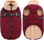 Queenmore Dog Jackets for Medium Dogs, Dog Coat with Harness Built in, Waterproof Pet Winter Coat with Zipper On Back Doggy Snowsuits Warm Soft Pet Jacket for French Bulldog, Poodle, Corgi, Burgundy M