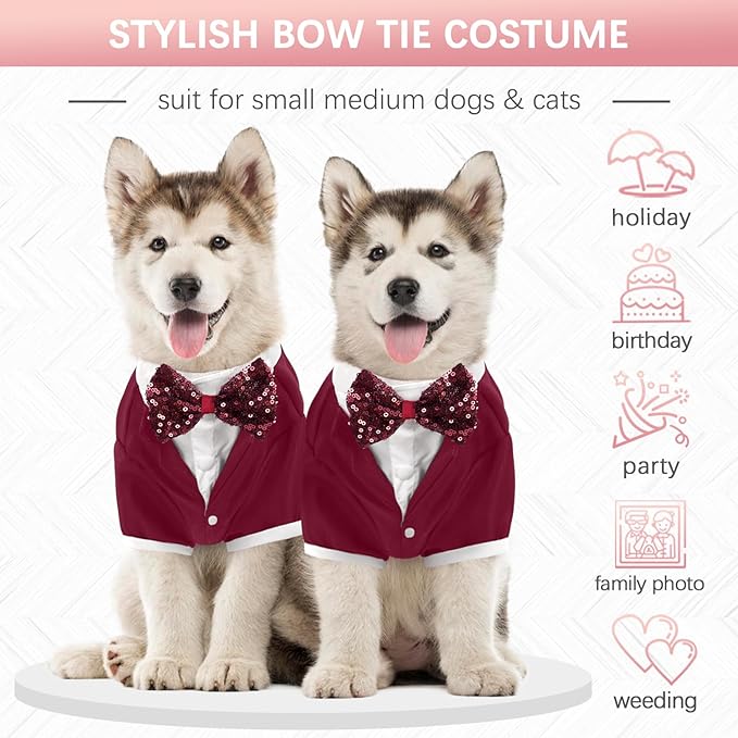 Kuoser Dog Tuxedo, Formal Dog Costume with Bow Tie Pet Wedding Suit Party Birthday Outfit, Dogs Tux Soft Shirt for Valentines Christmas Halloween Graduation Cosplay, Burgundy S