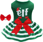 CuteBone Elf Dog Dresses Velvet Holiday Small Dogs Clothes Onesie Pet Apparel Girl Puppy Skirt with Bow Hair Rope CVA55M-D