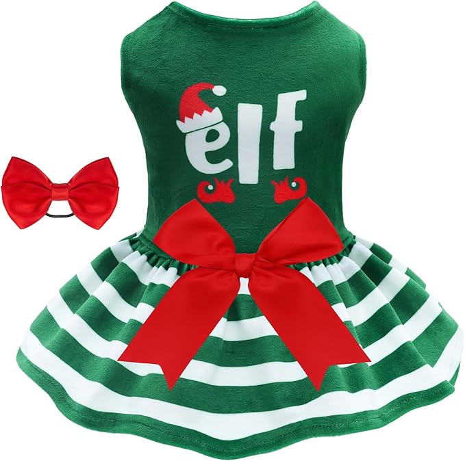 CuteBone Elf Dog Dresses Velvet Holiday Small Dogs Clothes Onesie Pet Apparel Girl Puppy Skirt with Bow Hair Rope CVA55XXS-D
