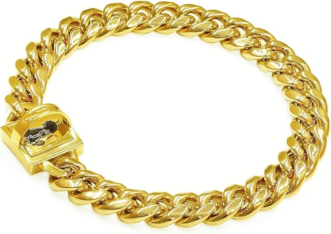 Heavy Duty Cuban Link Chain Dog Collars 15MM Gold/Silver Stainless Steel Metal Walking Training Collars with Cute Secure Design Buckle, Chew Proof, for Large Medium Small Dogs (Gold, 14'')