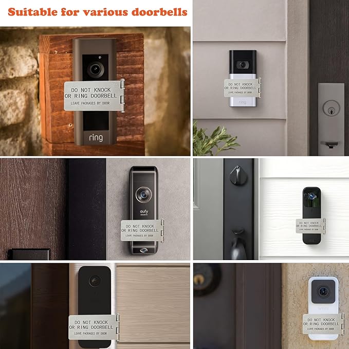Front Door No Soliciting Sign & Do Not Knock Or Ring Doorbell Sign - Easy to Install on Doorbells - Prevents the Doorbell From Ringing While Napping or at Work (Silver - Right Side Mount)