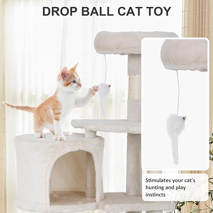 36-Inch Ergonomic Cat Activity Tower with Sisal-Wrapped Columns & Toys - Modular Design Saves Floor Space While Providing 3-Tier Vertical Play Zones for Multiple Indoor Cats（Beige）