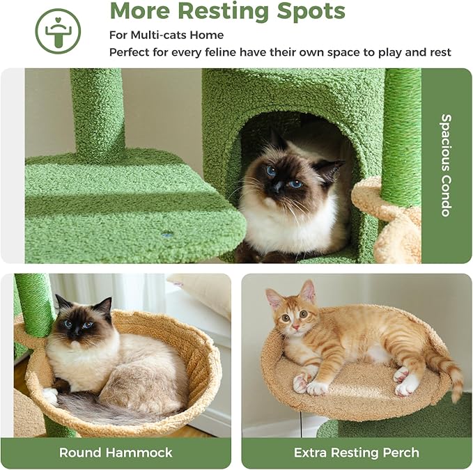 Cactus Cat Tree for Large Cats, 59" Tall Cat Tower with Spacious Condo, Large Hammock, Scratching Posts and 2 Perches, Sturdy Play House for Indoor Cats, Green