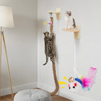 Weysat Cat Tree with 2 x 59.1 Inch Climbing Rope Wall Mounted Cat Climbing Tower Toy with Scratching Post Kitten Rope Ladder with Jumping Platform Wall Steps for Playing and Rest (Wood,with Toys)