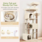 Globlazer Extra Large Cat Tree Tower for Indoor Cats Large Adult, 80in Tall Heavy Duty Cat Tree with 3 Spacious Cat Condos, Oversized Fan-Shaped Perch, 6 Full Sisal Scratching Posts, S80, Beige