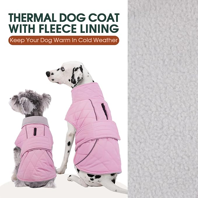 Kuoser Dog Coat, Super-Warm Dog Jacket Windproof Pet Cold Weather Coats for Extra Large Dogs, Fleece Lining Quilted Turtleneck Puppy Snowsuit Reflective Adjustable Doggie Winter Clothes, Pink, 3XL