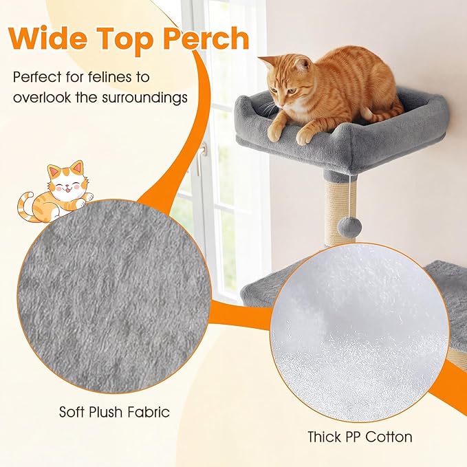PETSITE 80-inch Tall Modern Cat Tree, Multi-Level Cat Tower with 2 Comfy Condos, Sisal Scratching Posts, Side Basket, Snug Hammock, and Dangling Balls, Ideal for Indoor Cats and Kittens (Grey)