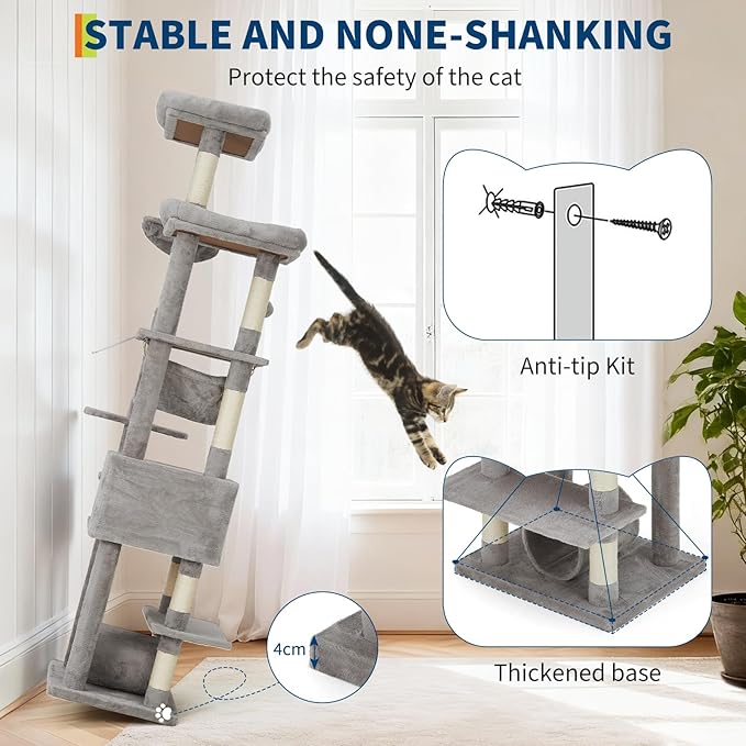 74" Tall Cat Tree,Large Cat Tree for Big Cats,Cat Tower with Scratching Posts, Condo, Perches, Hammock, Tunnel & Feeding Station,Deep Gray