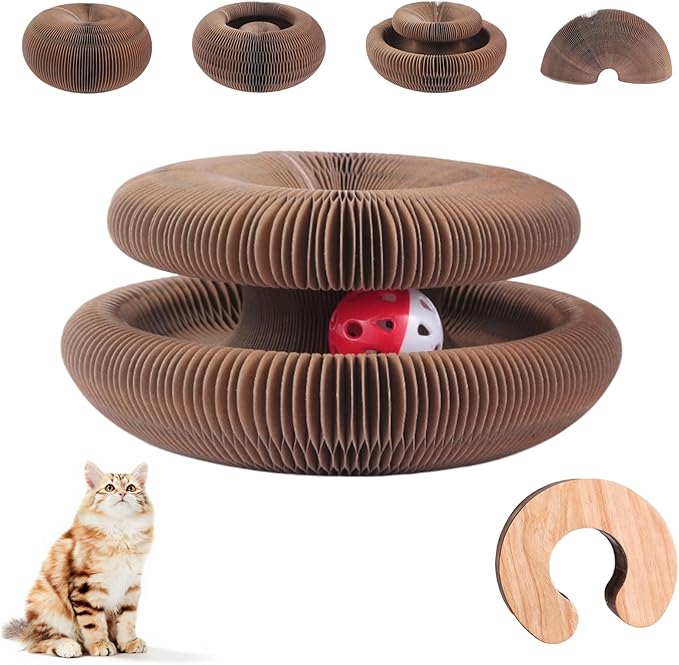 Foldable Cat Scratcher Toy (Wood Grain) - Interactive Reversible Kitty Toy with Bell for Anxiety Relief & Exercise | Clearance - Limited Stock