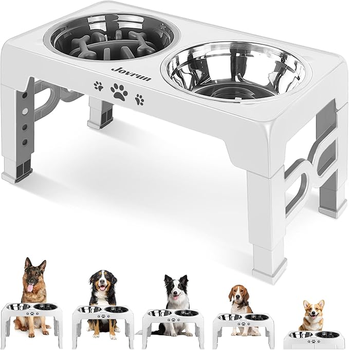 Elevated Dog Bowls for Medium Size Dogs, Non-Slip Dog Feeder with 1*Stainless Steel Dishes & 1*Slow Feeder Bowl, 5 Heights Adjustable Raised Bowls to 3.15″-8.66″-9.84″-11.02″-12.2″