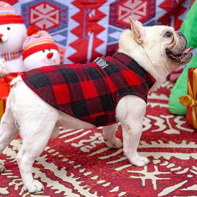 BEAUTYZOO Small Dog Sweater Fleece Vest Winter Jacket, D-Ring Leash Attachment for XS S Puppy Medium Sized Breeds Dogs, Cold Weather Dog Clothes Windproof Keep Warm, Christmas Red Plaid S