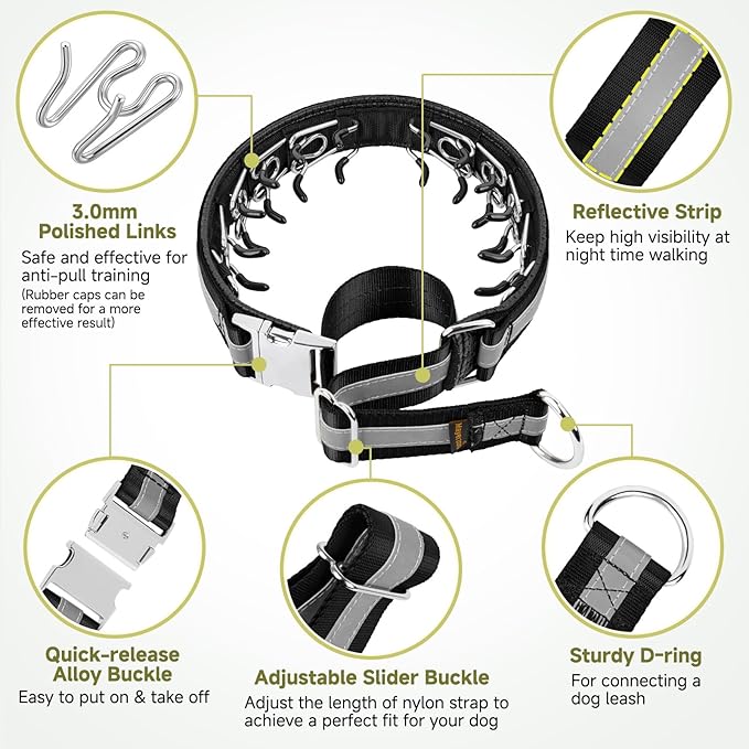 Mayerzon Martingale No Pull Collar for Large Medium Dogs, Patented Dog Walking Training Collar for Pulling, 1.5'' Wide Alloy Buckle, Neoprene Padded, Adjustable, Reflective, Easy to Use(XL, Black)