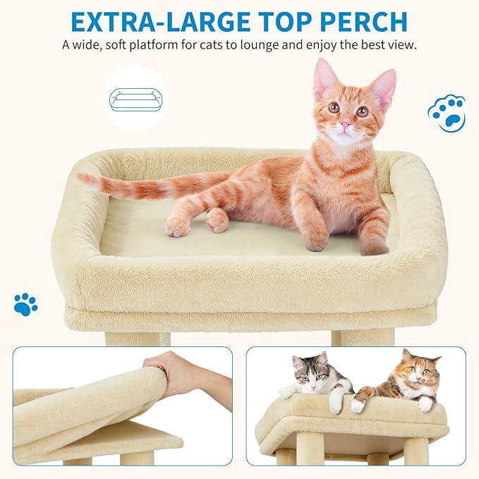 Cat Tree 61" Tall, Sisal Wrapped Scratching Post, Cat Nest, Hanging Ball, Extended Platform