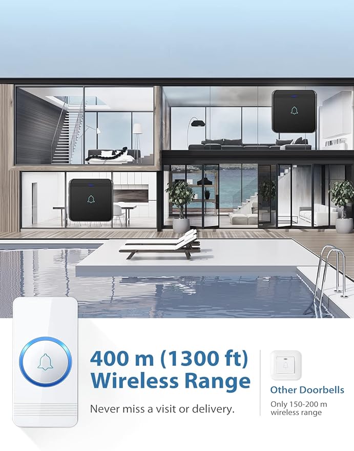 AVANTEK Wireless Doorbell, Waterproof Door Bell Chime Operating at over 1300 Feet, Classroom Doorbell with 52 Melodies, CD Quality Sound and LED Flash, 1 Button + 2 Plug-in Receivers, D-3W